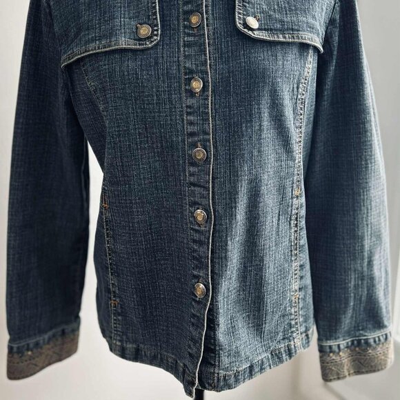 Simon Chang Indigo Embellished Luxe Denim Jacket with Gold Detailing – US 10 - Picture 3 of 13